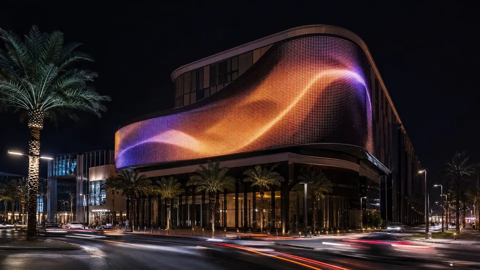 Night LED facade wrapping around a building corner