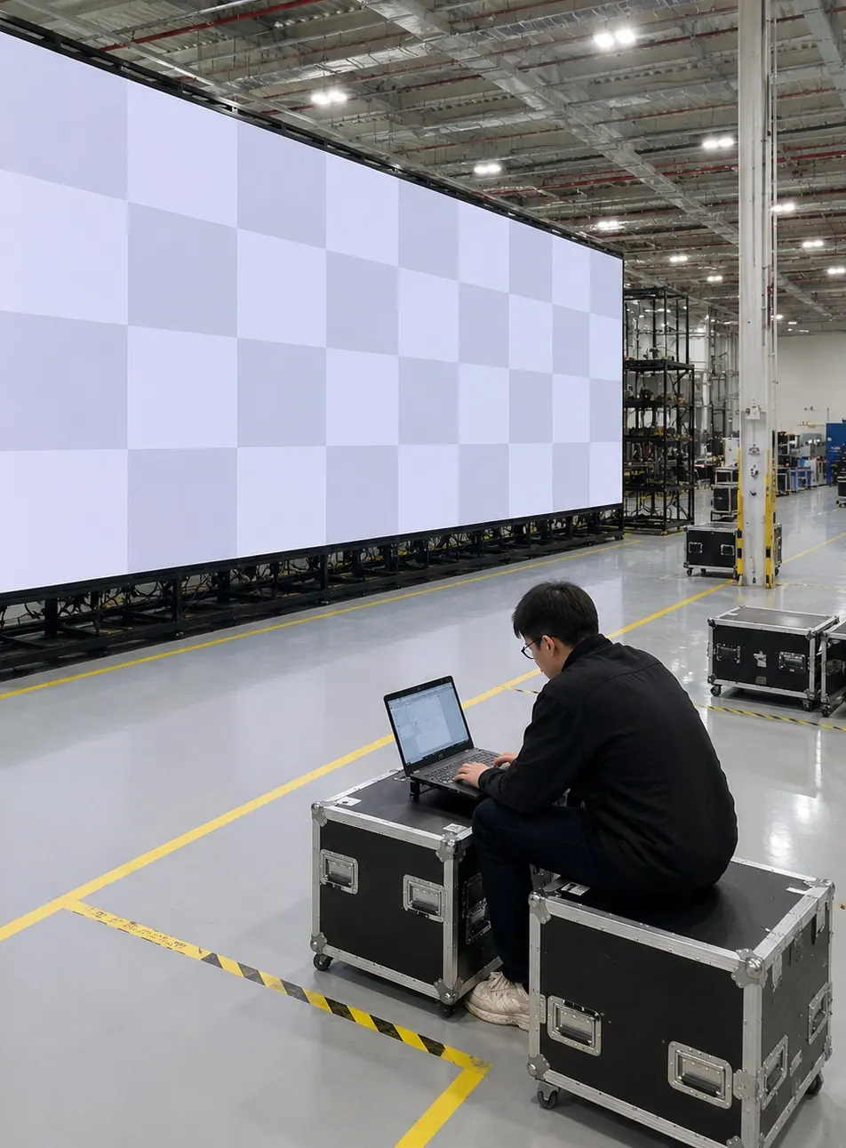 Technician calibrating a lit large LED screen from a laptop in the factory
