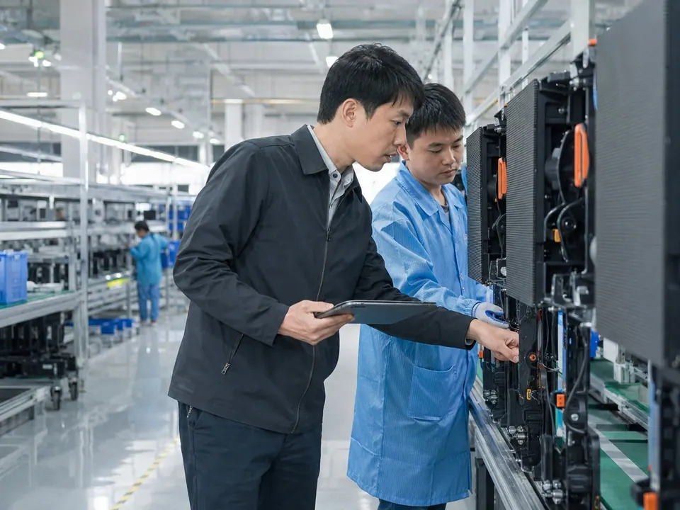 Engineers checking LED cabinets on a production line