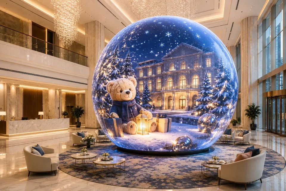 Spherical LED display in a hotel lobby