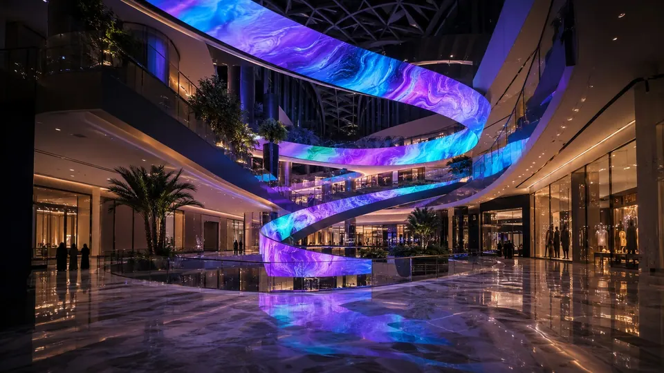 Ribbon LED flowing through a shopping mall atrium