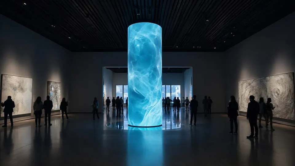 Cylindrical LED column in an exhibition hall