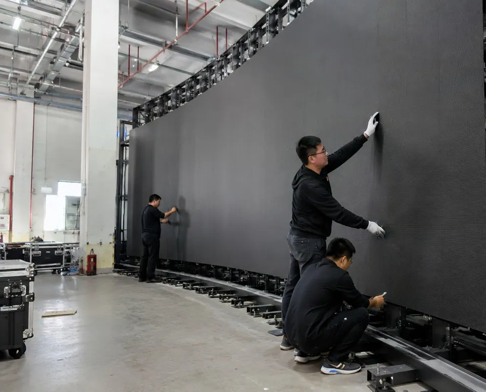 Technicians pre-assembling and checking a curved LED screen at the factory