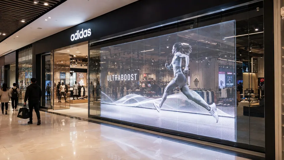 Transparent storefront screen at a flagship store