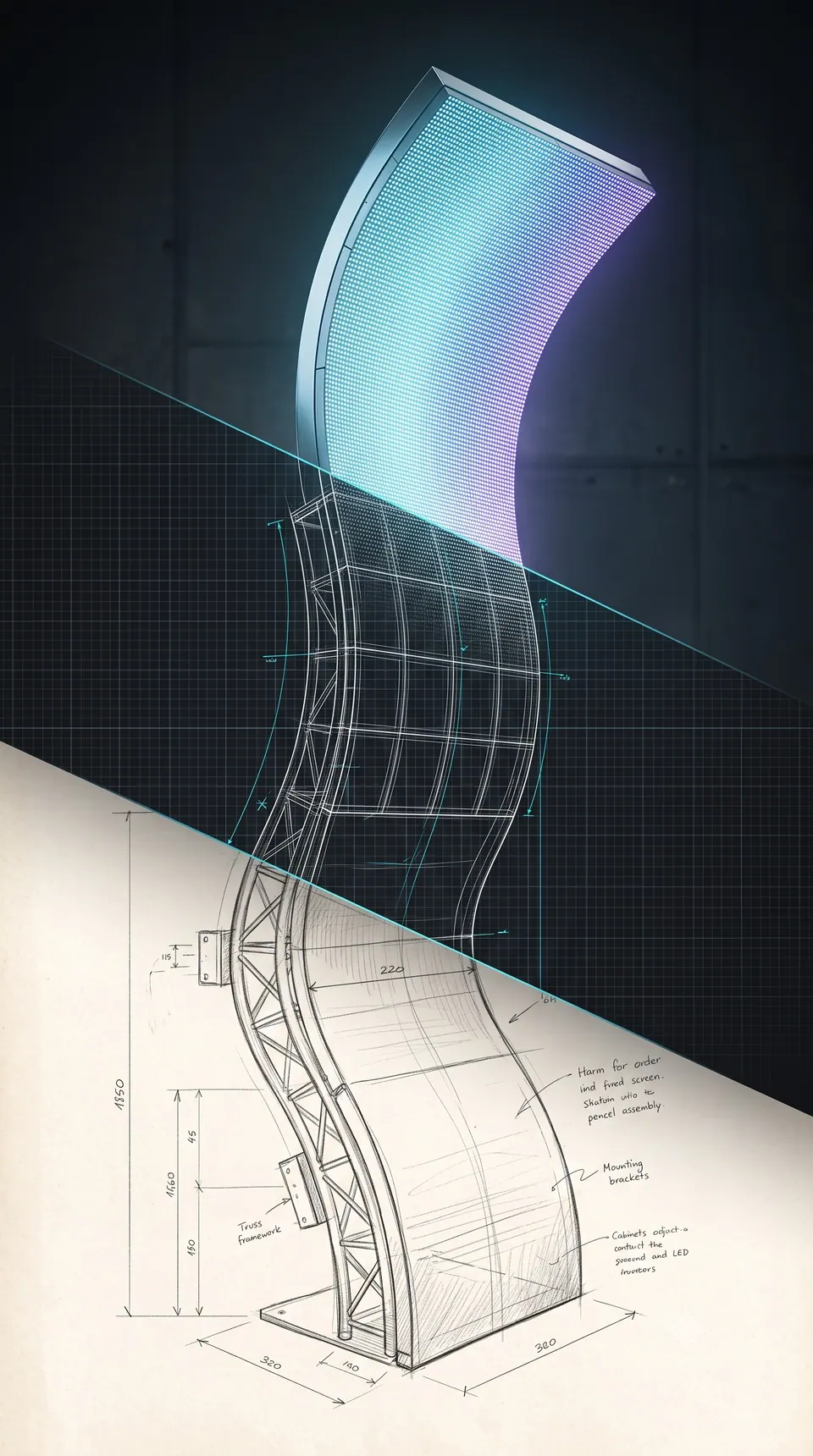 Sketch of a curved LED structure turning into a finished render